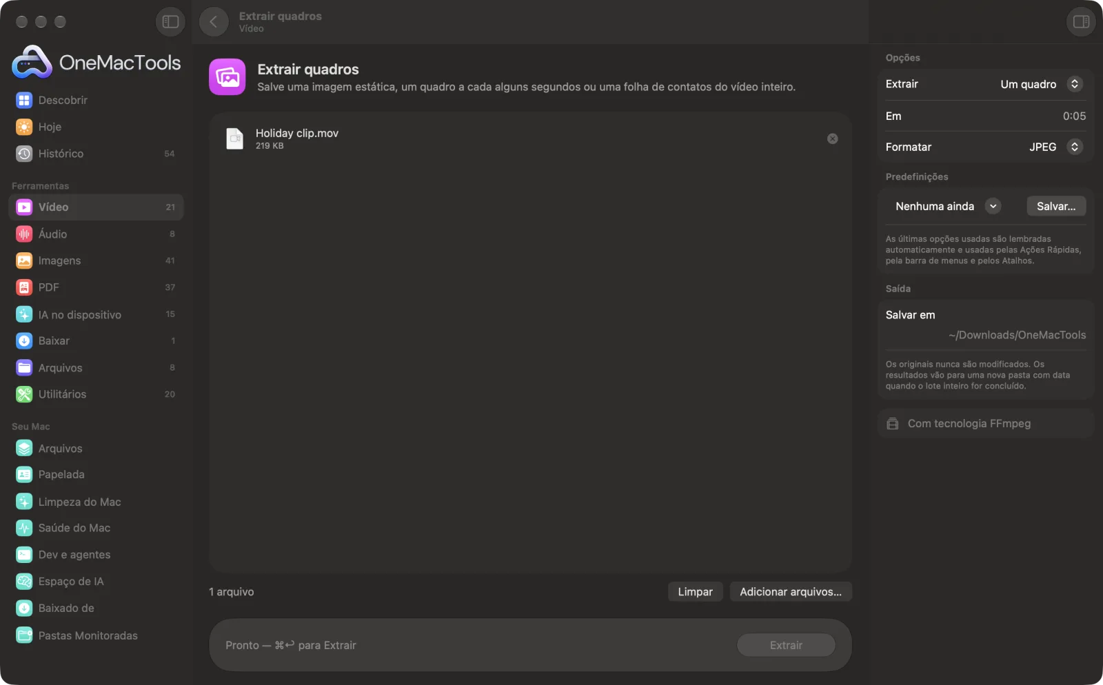 Extrair quadros no OneMacTools em um Mac, com arquivos de exemplo e suas opções