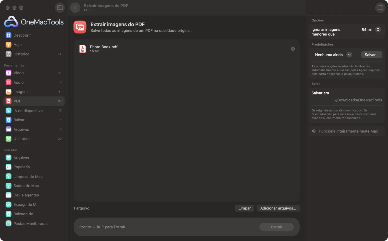 Extrair imagens do PDF no OneMacTools em um Mac, com arquivos de exemplo e suas opções