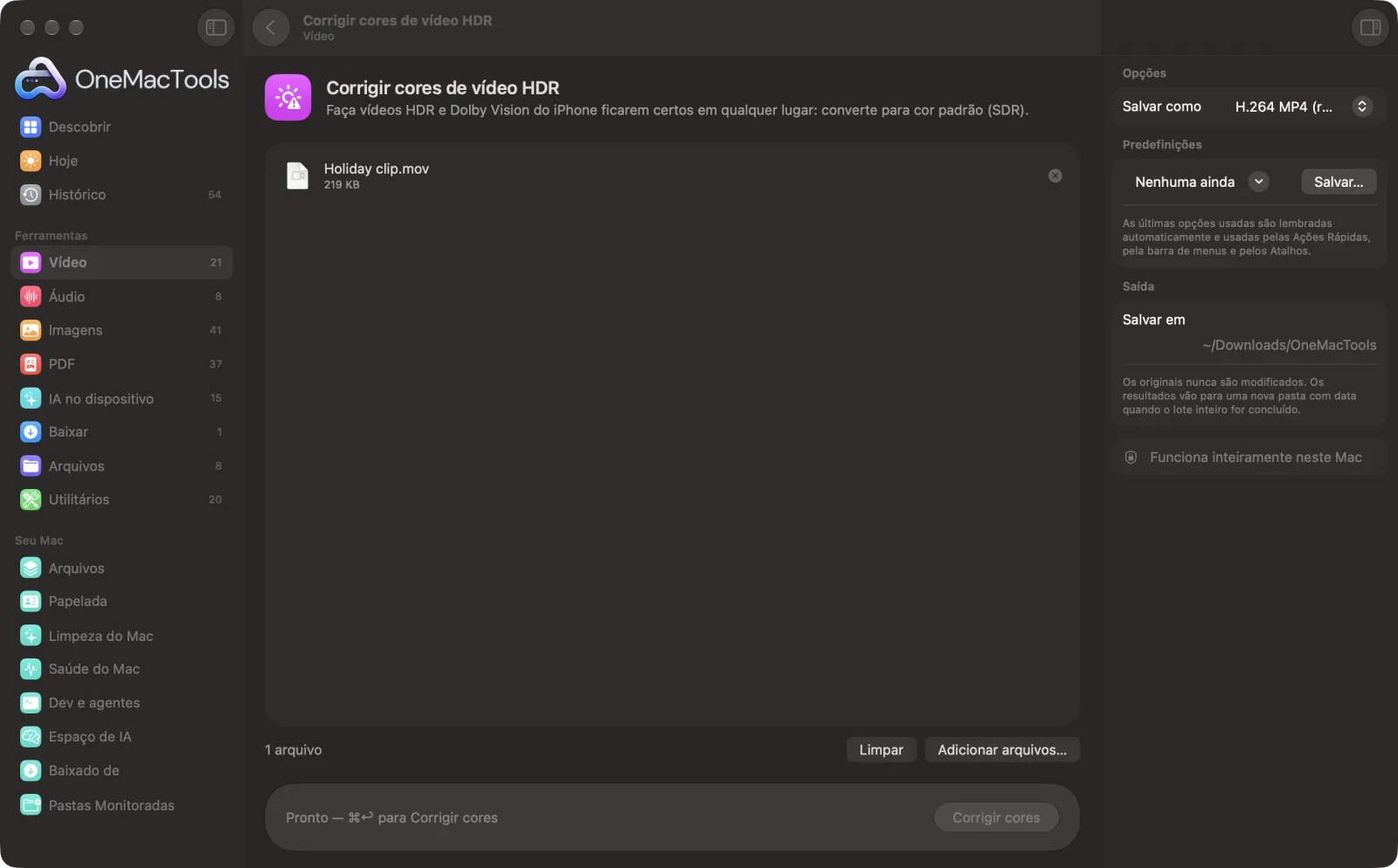 Corrigir cores de vídeo HDR no OneMacTools em um Mac, com arquivos de exemplo e suas opções