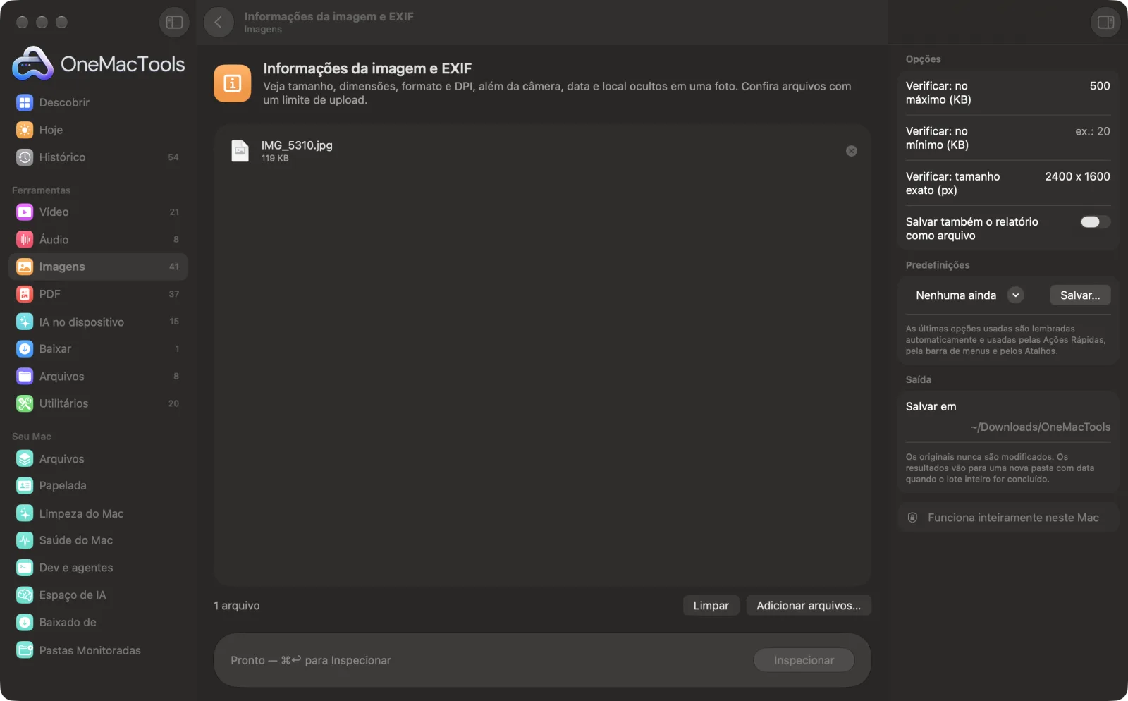 Informações da imagem e EXIF no OneMacTools em um Mac, com arquivos de exemplo e suas opções