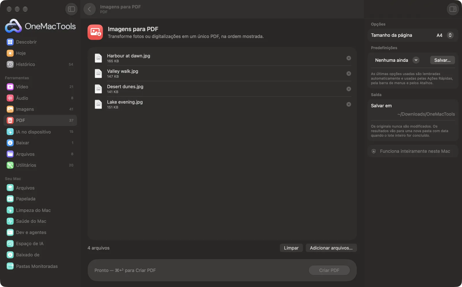 Imagens para PDF no OneMacTools em um Mac, com arquivos de exemplo e suas opções