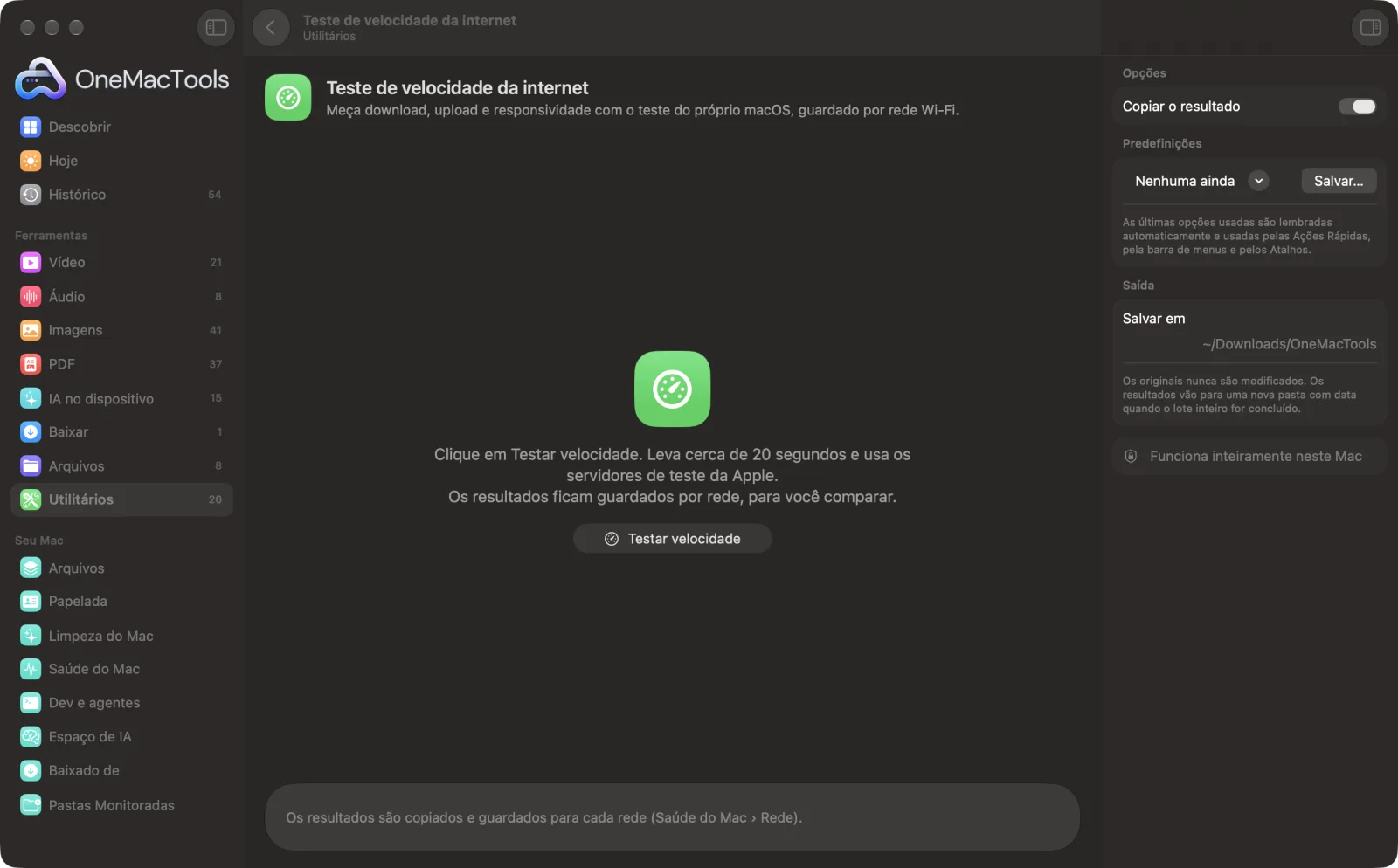 Teste de velocidade da internet no OneMacTools em um Mac, com arquivos de exemplo e suas opções
