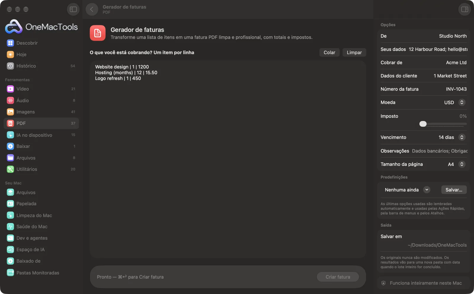 Gerador de faturas no OneMacTools com arquivos de exemplo carregados e o painel de opções aberto