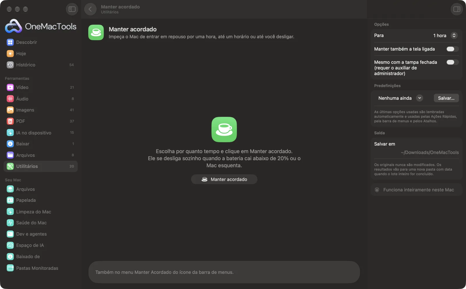 Manter acordado no OneMacTools em um Mac, com arquivos de exemplo e suas opções