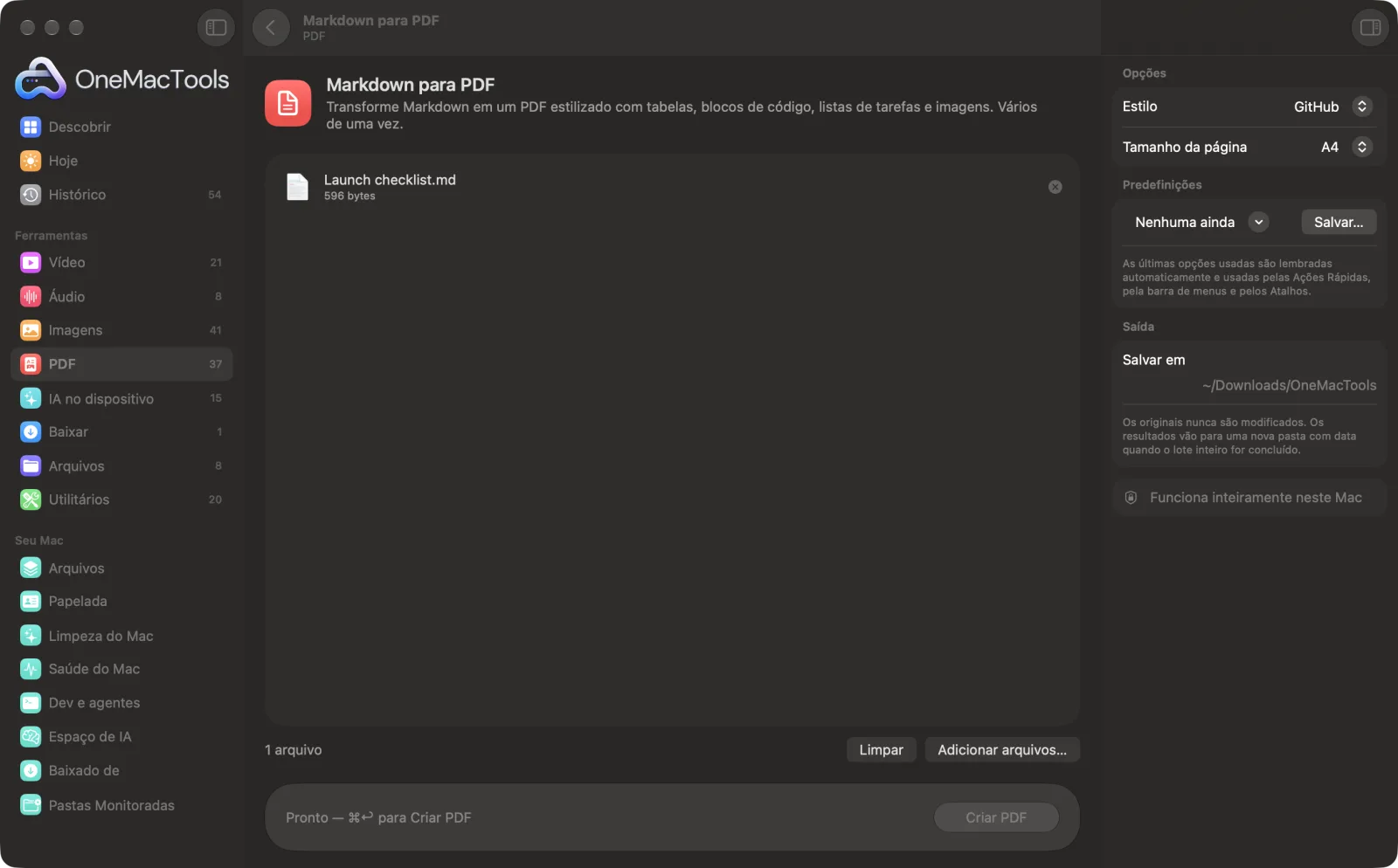 Markdown para PDF no OneMacTools em um Mac, com arquivos de exemplo e suas opções