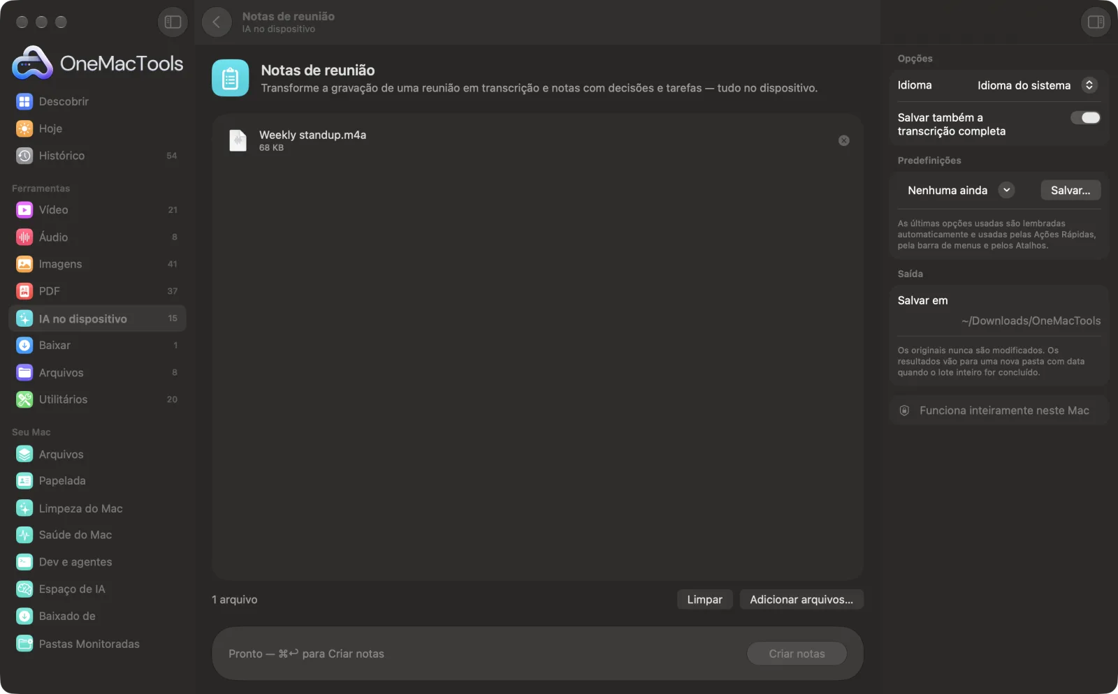 Notas de reunião no OneMacTools com arquivos de exemplo carregados e o painel de opções aberto
