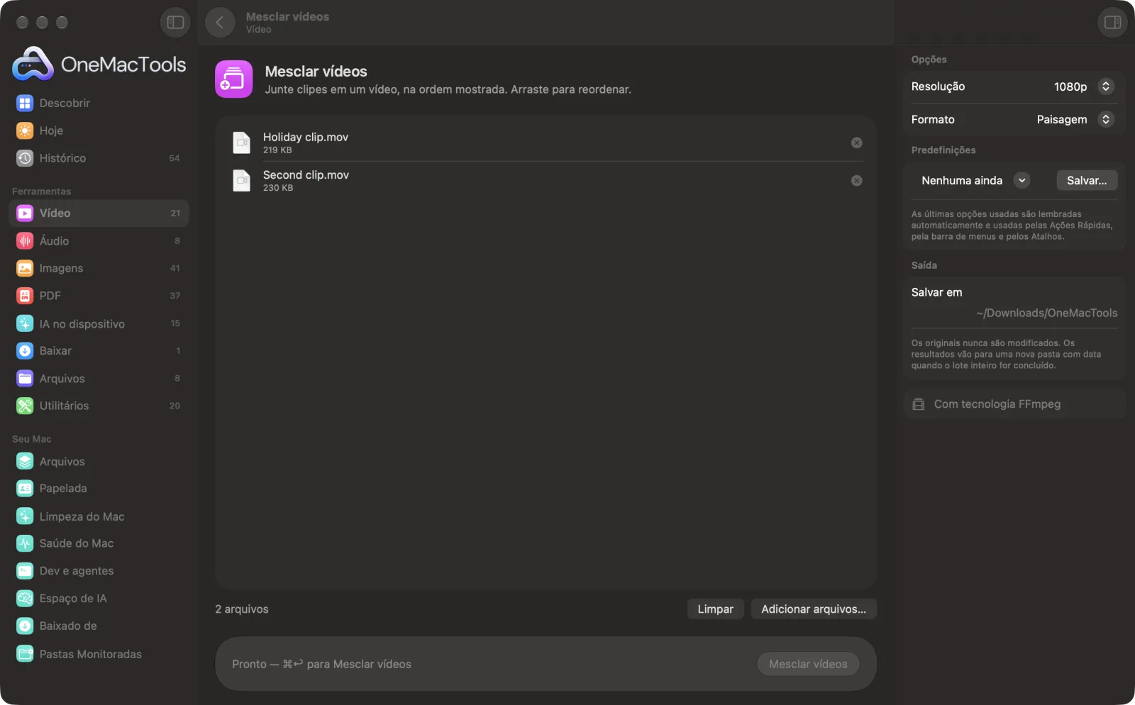 Mesclar vídeos no OneMacTools em um Mac, com arquivos de exemplo e suas opções
