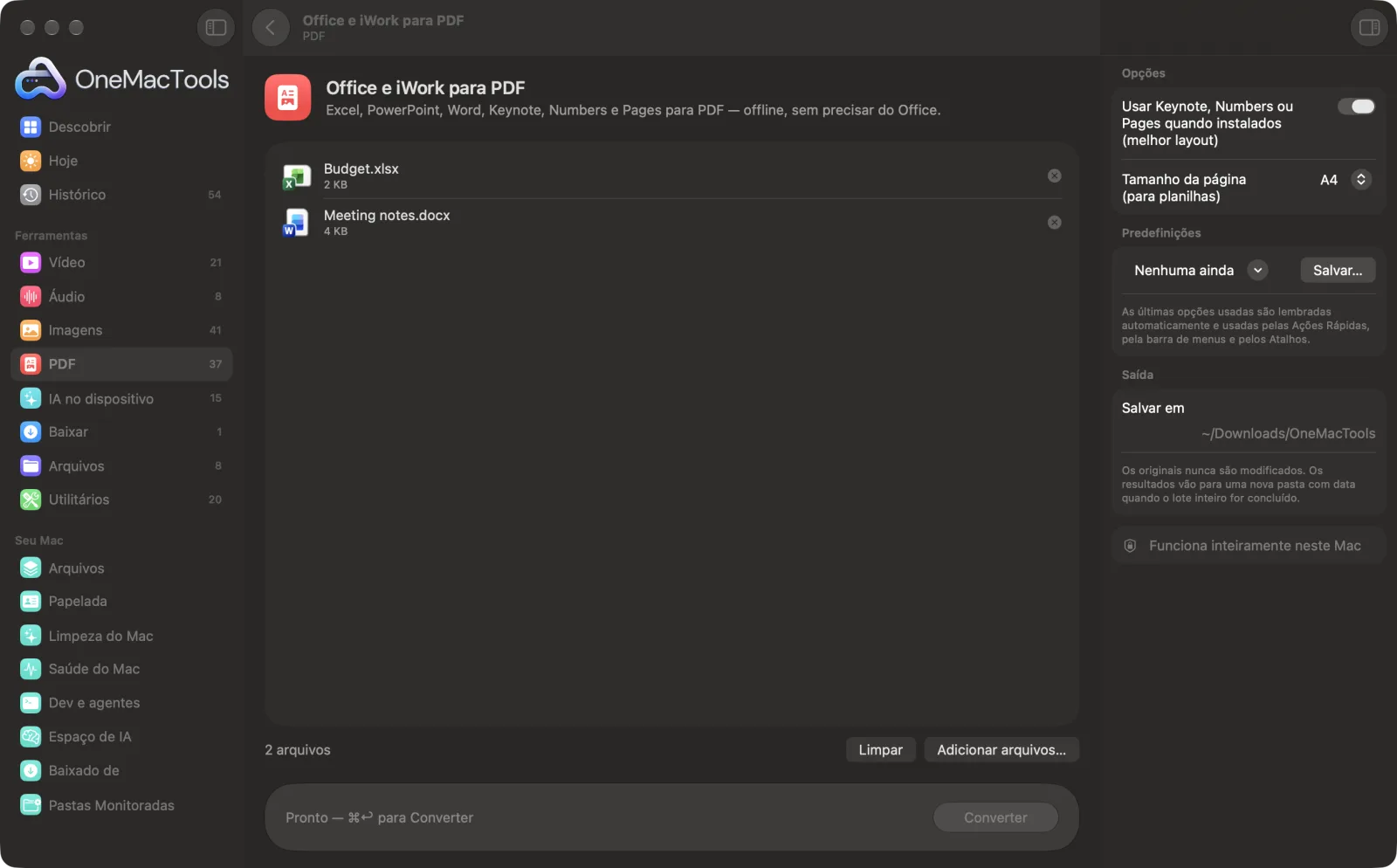 Office e iWork para PDF no OneMacTools em um Mac, com arquivos de exemplo e suas opções
