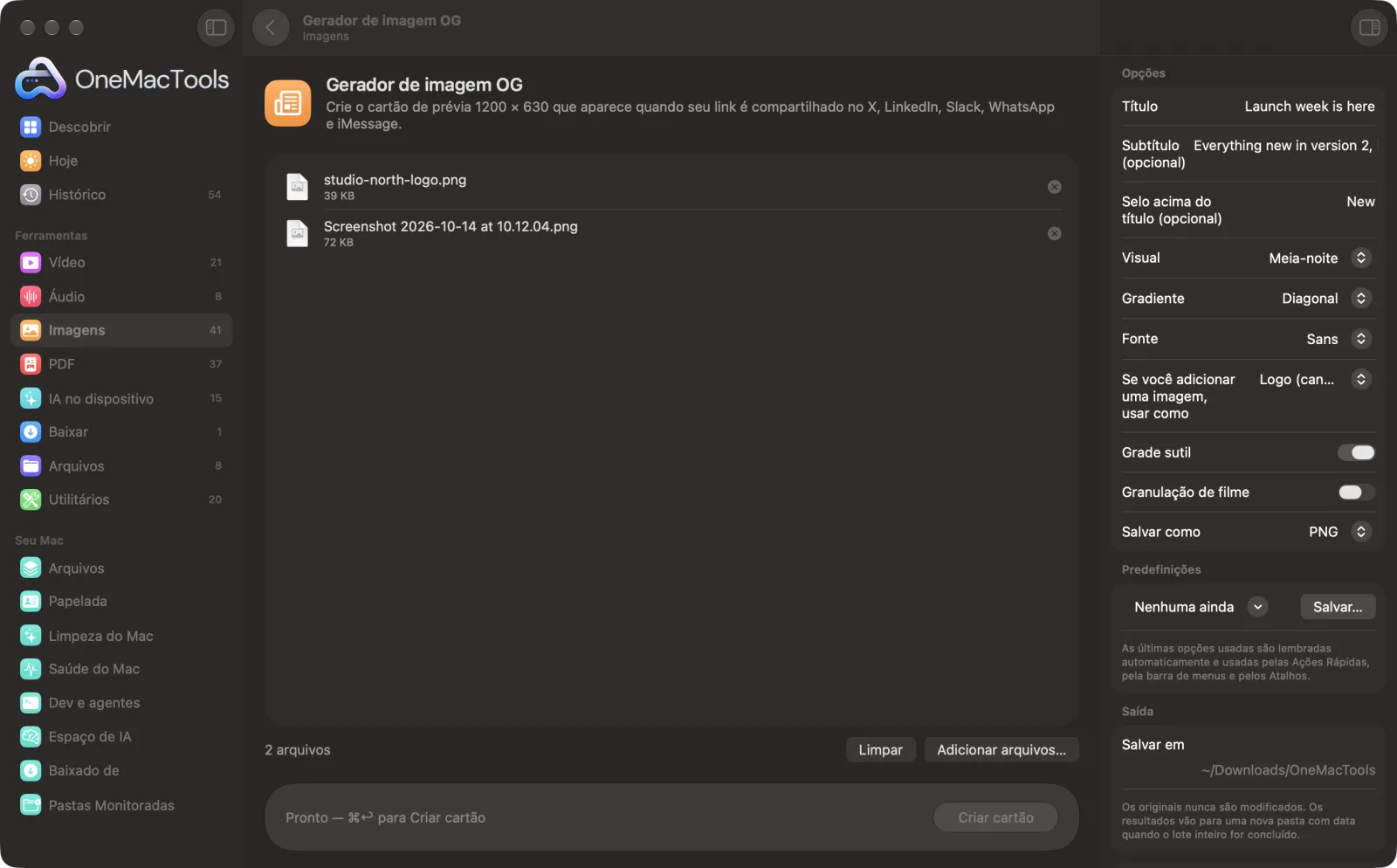 Gerador de imagem OG no OneMacTools em um Mac, com arquivos de exemplo e suas opções