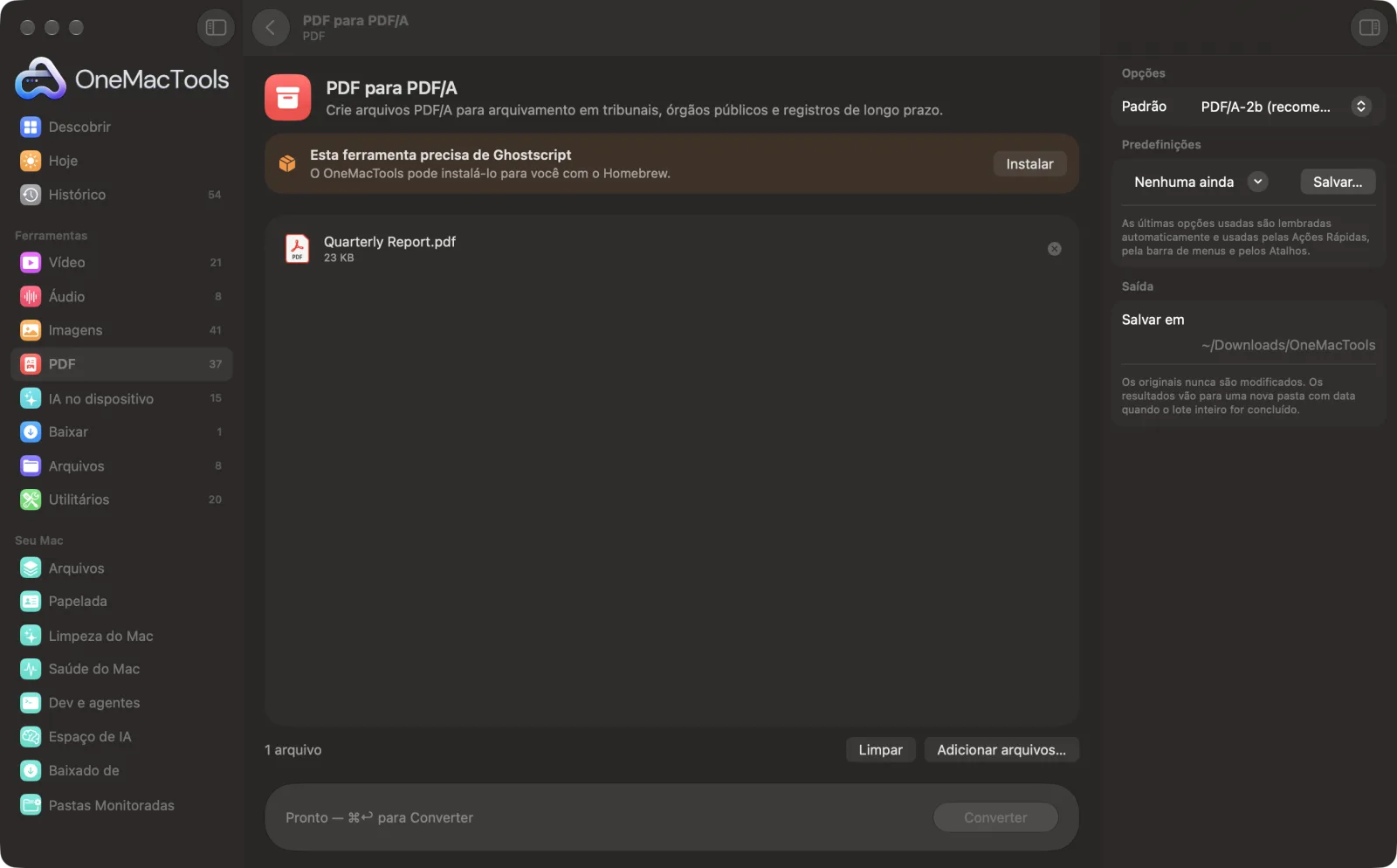 PDF para PDF/A no OneMacTools em um Mac, com arquivos de exemplo e suas opções