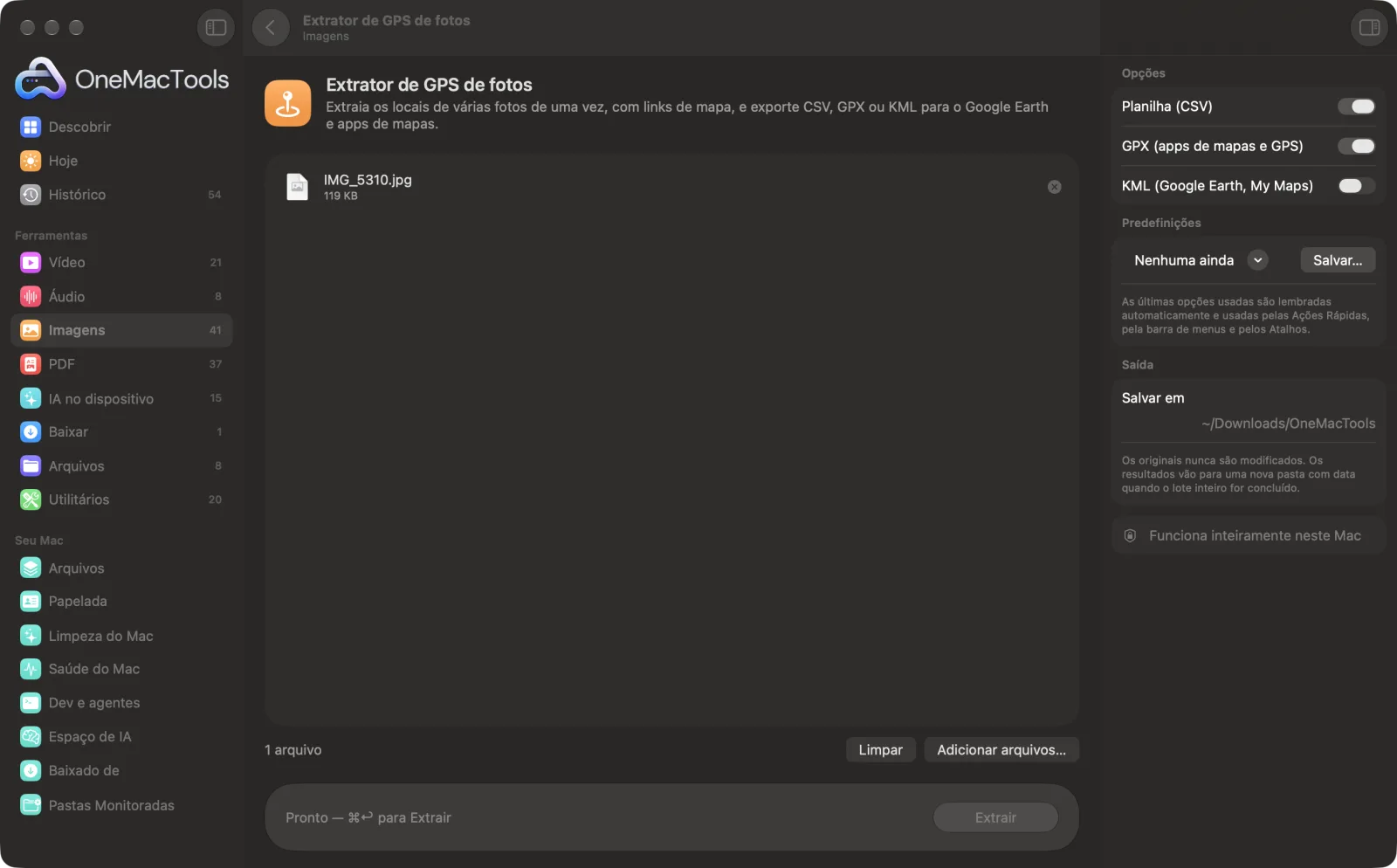 Extrator de GPS de fotos no OneMacTools em um Mac, com arquivos de exemplo e suas opções