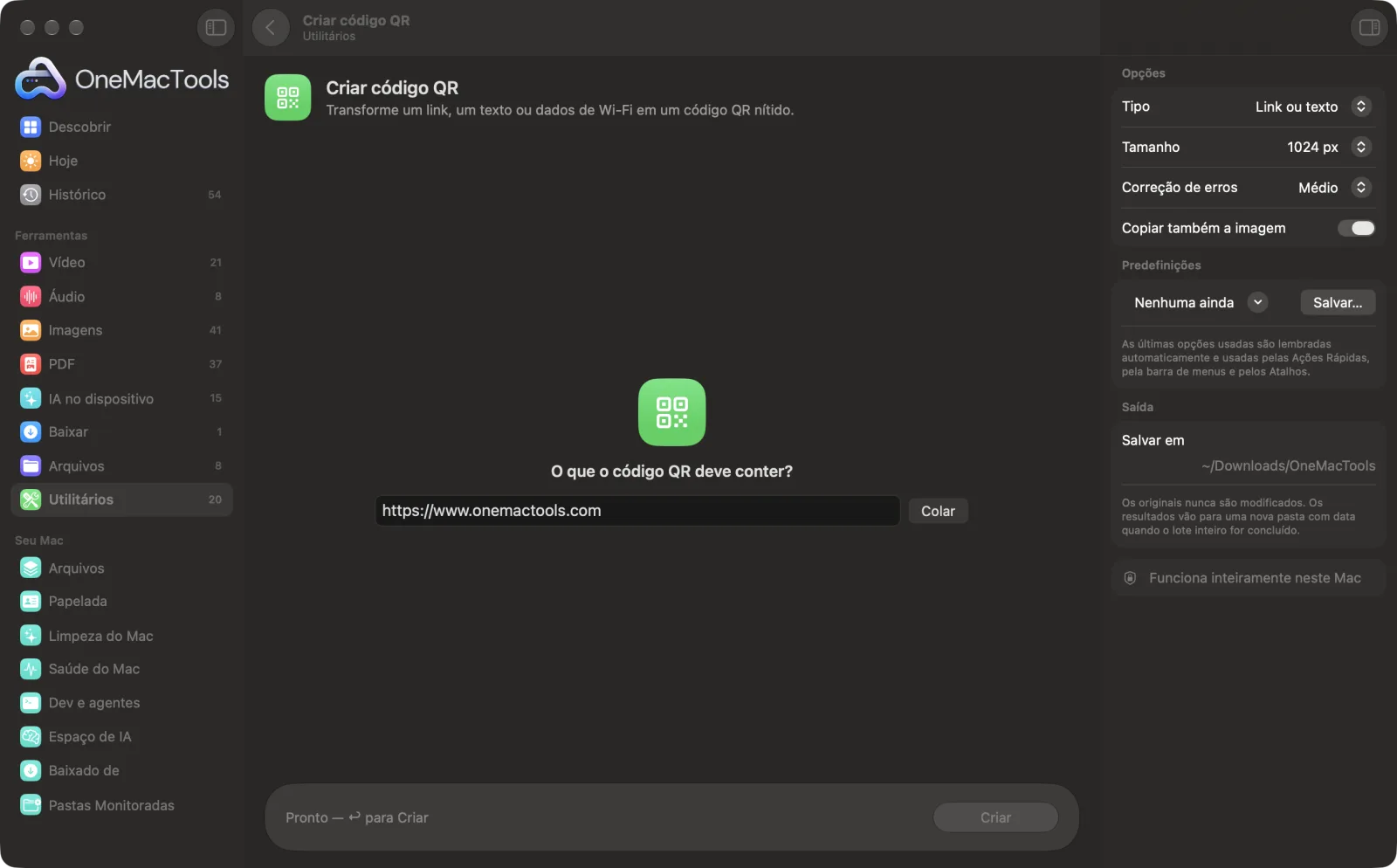 Criar código QR no OneMacTools com arquivos de exemplo carregados e o painel de opções aberto