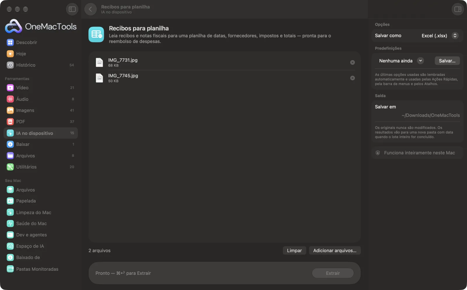 Recibos para planilha no OneMacTools com arquivos de exemplo carregados e o painel de opções aberto