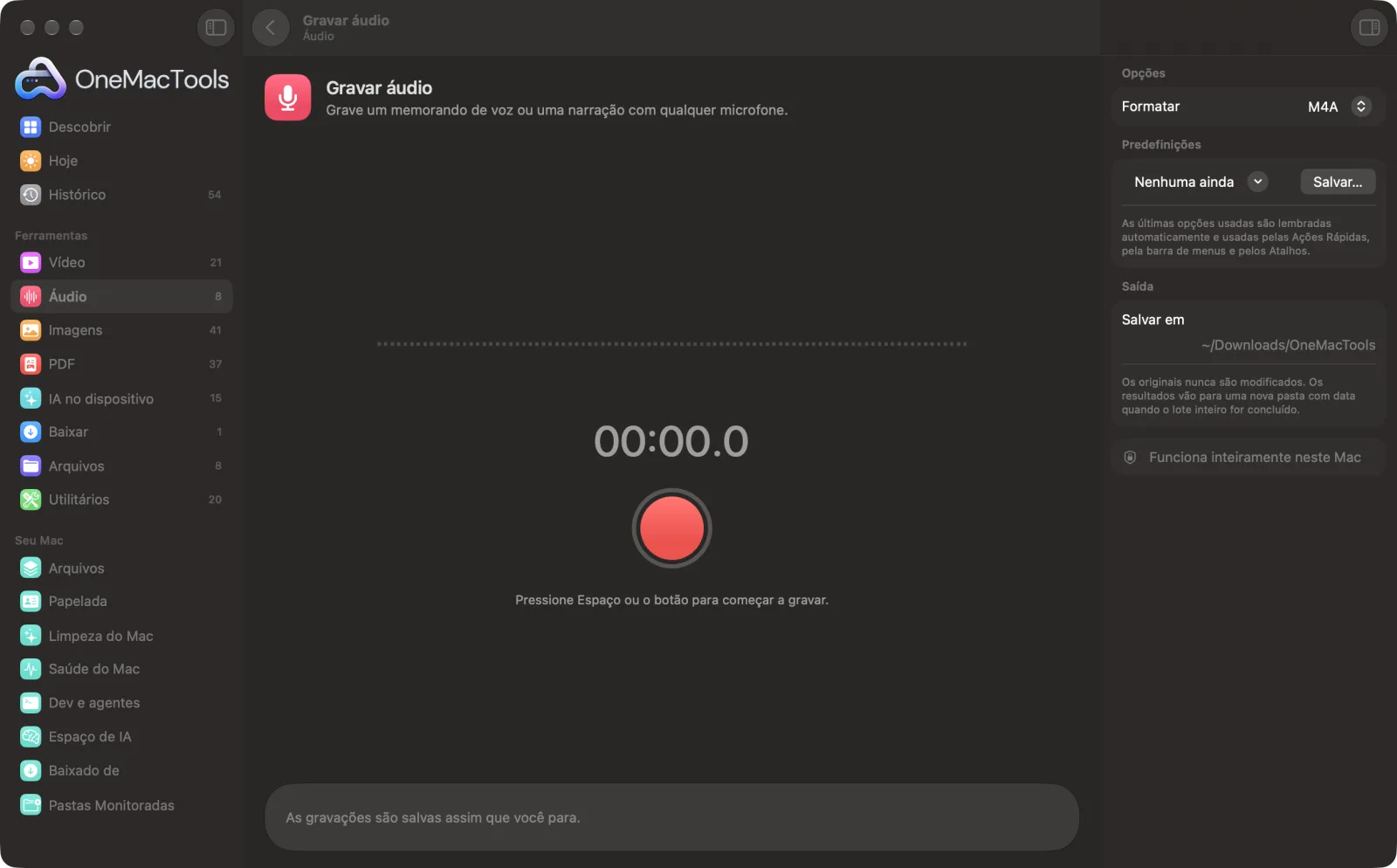 Gravar áudio no OneMacTools em um Mac, com arquivos de exemplo e suas opções