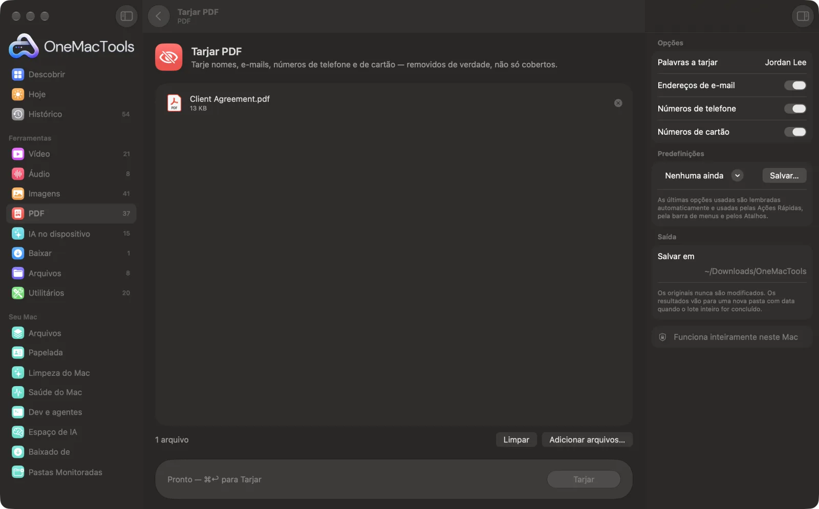 Tarjar PDF no OneMacTools com arquivos de exemplo carregados e o painel de opções aberto
