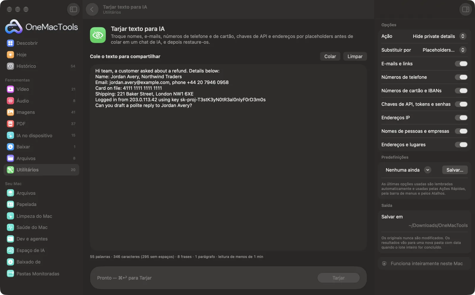 Tarjar texto para IA no OneMacTools em um Mac, com arquivos de exemplo e suas opções