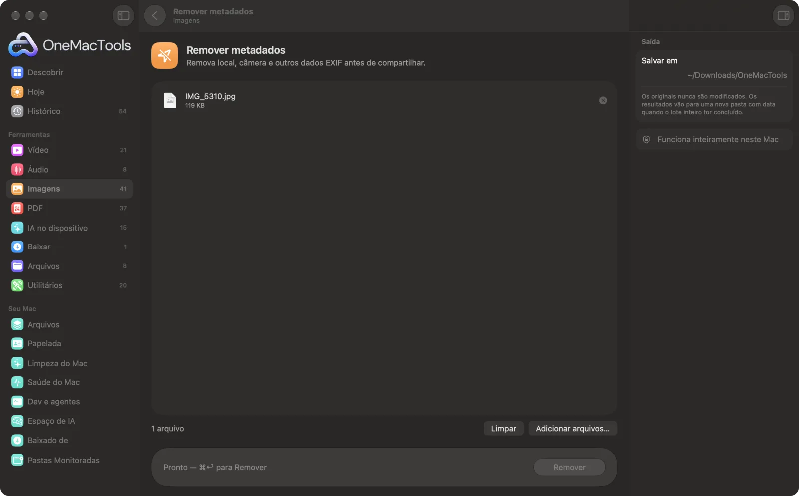 Remover metadados no OneMacTools em um Mac, com arquivos de exemplo e suas opções