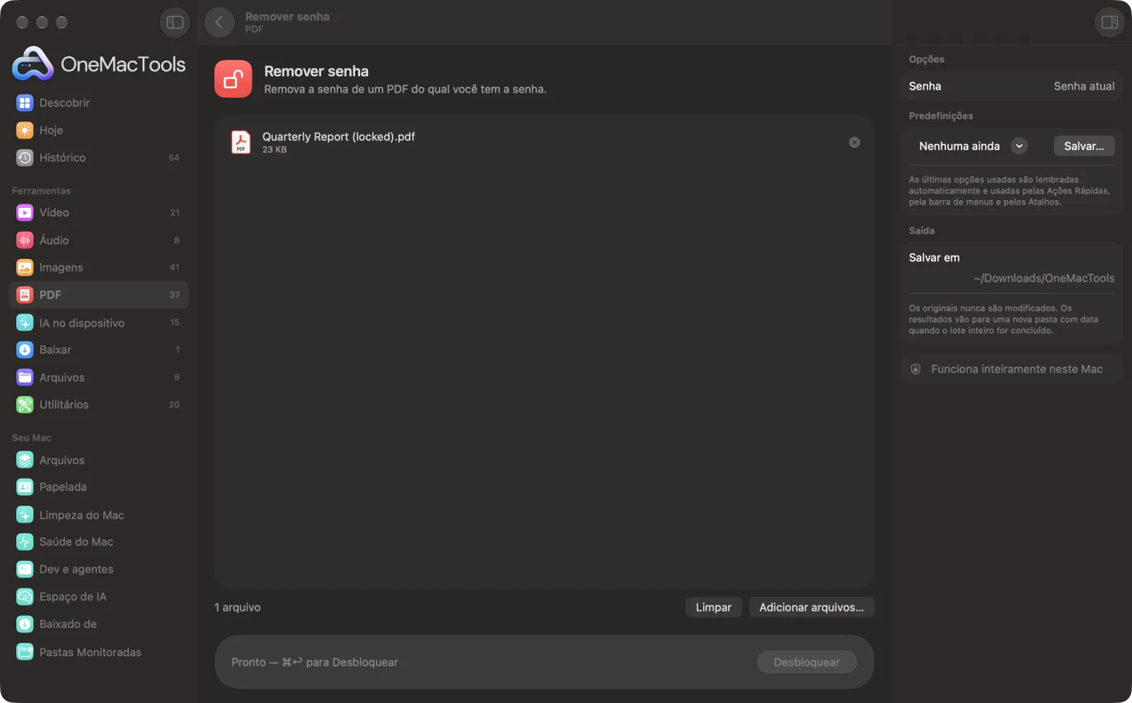 Remover senha no OneMacTools em um Mac, com arquivos de exemplo e suas opções