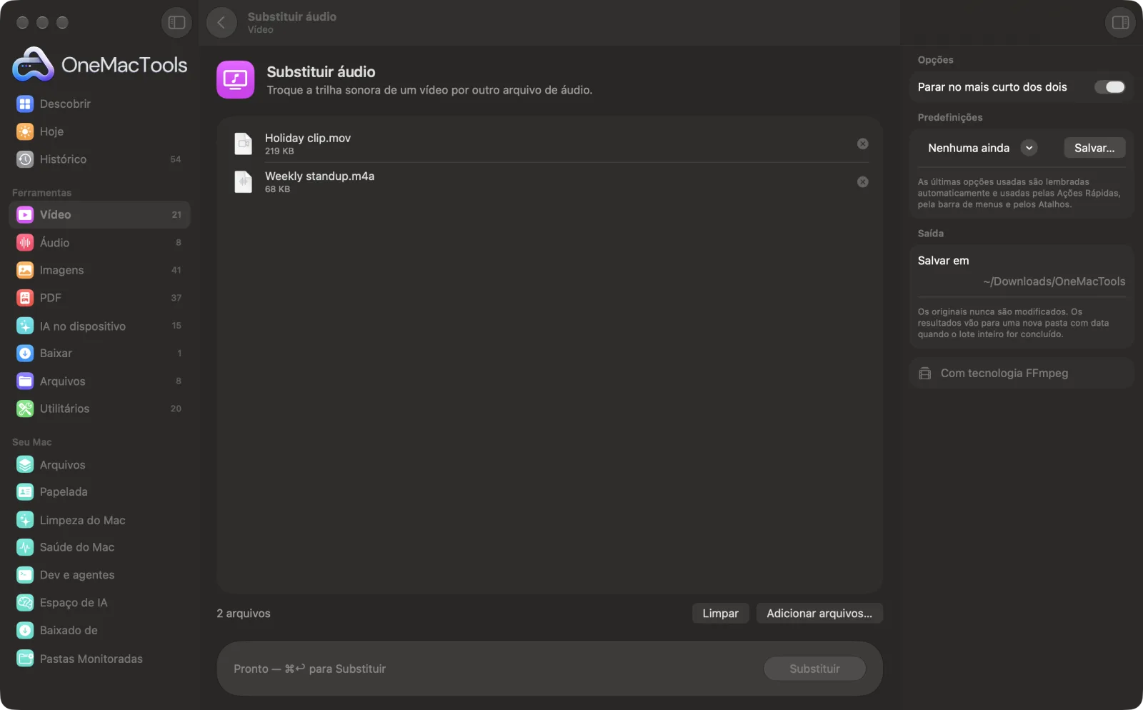 Substituir áudio no OneMacTools em um Mac, com arquivos de exemplo e suas opções