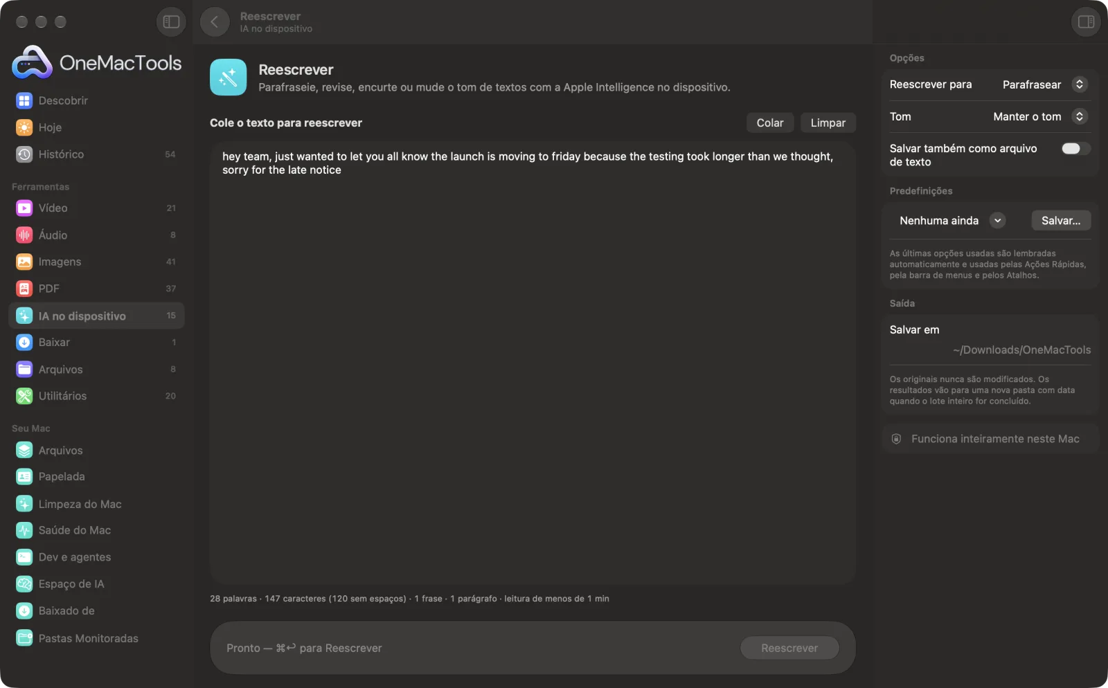 Reescrever no OneMacTools em um Mac, com arquivos de exemplo e suas opções