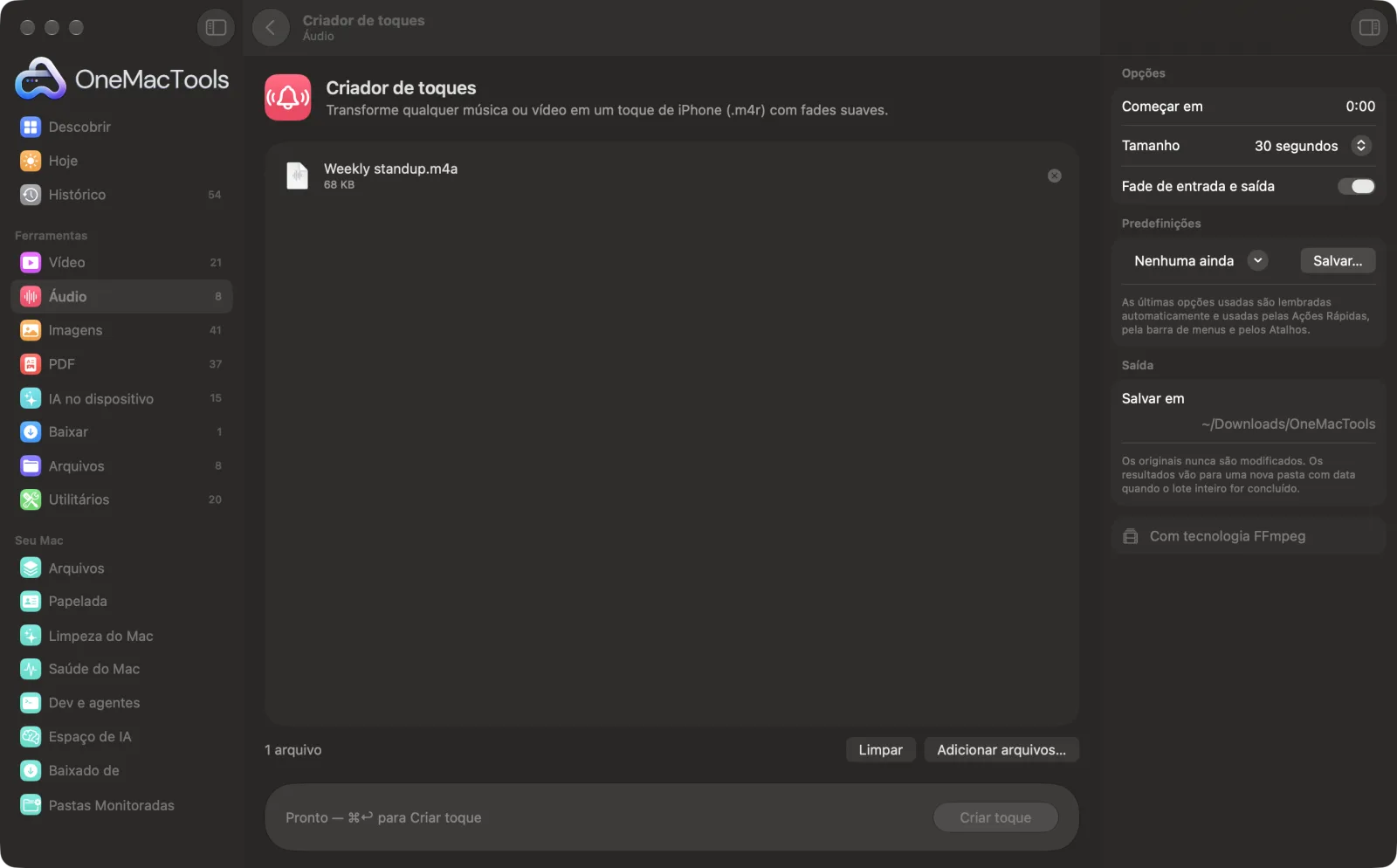 Criador de toques no OneMacTools em um Mac, com arquivos de exemplo e suas opções