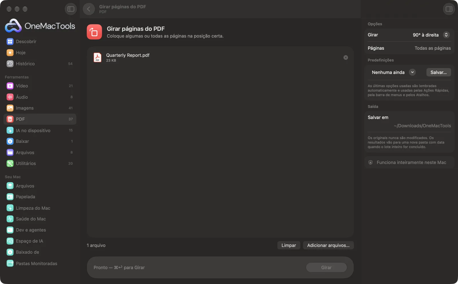 Girar páginas do PDF no OneMacTools em um Mac, com arquivos de exemplo e suas opções