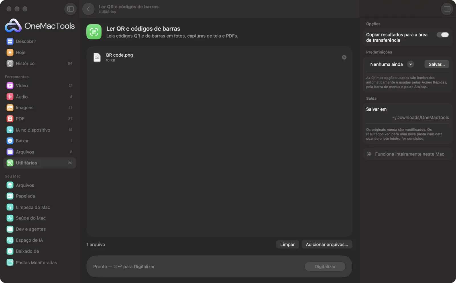Ler QR e códigos de barras no OneMacTools em um Mac, com arquivos de exemplo e suas opções