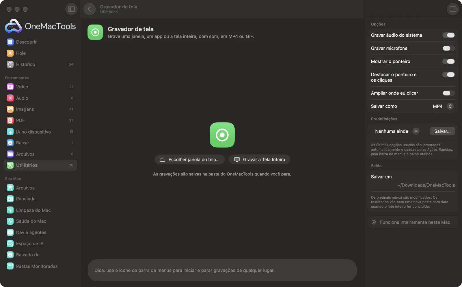Gravador de tela no OneMacTools com arquivos de exemplo carregados e o painel de opções aberto