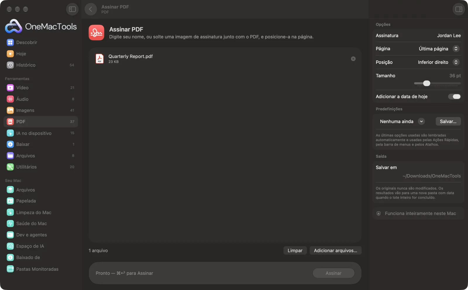Assinar PDF no OneMacTools em um Mac, com arquivos de exemplo e suas opções