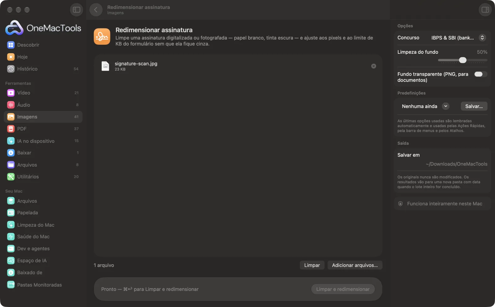 Redimensionar assinatura no OneMacTools em um Mac, com arquivos de exemplo e suas opções