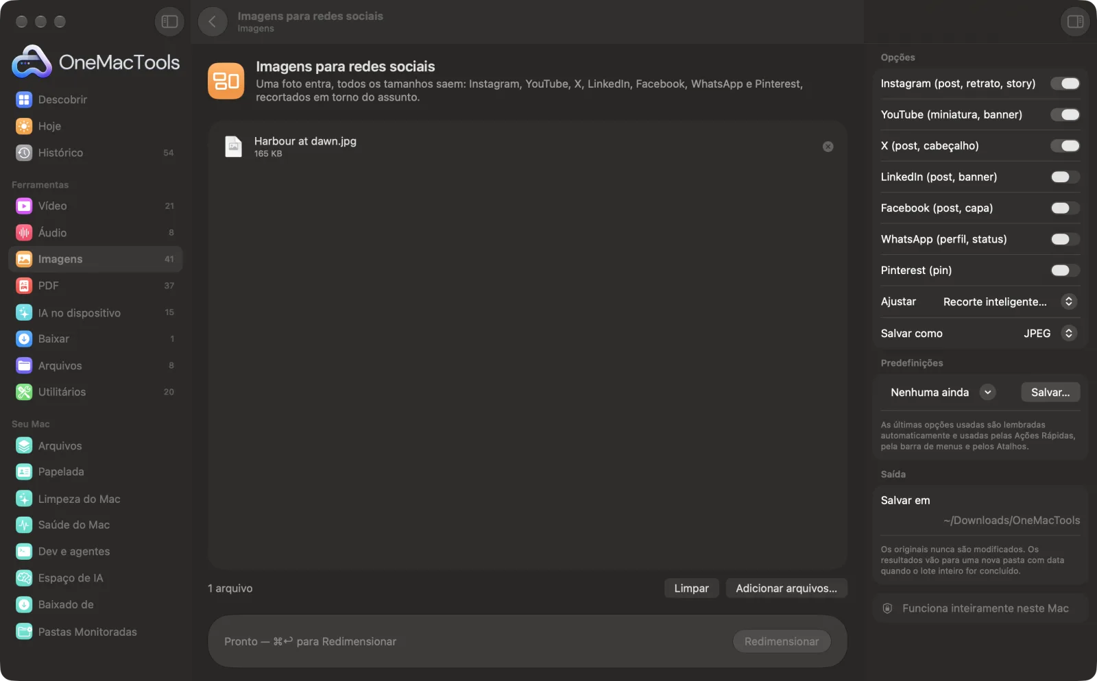 Imagens para redes sociais no OneMacTools em um Mac, com arquivos de exemplo e suas opções