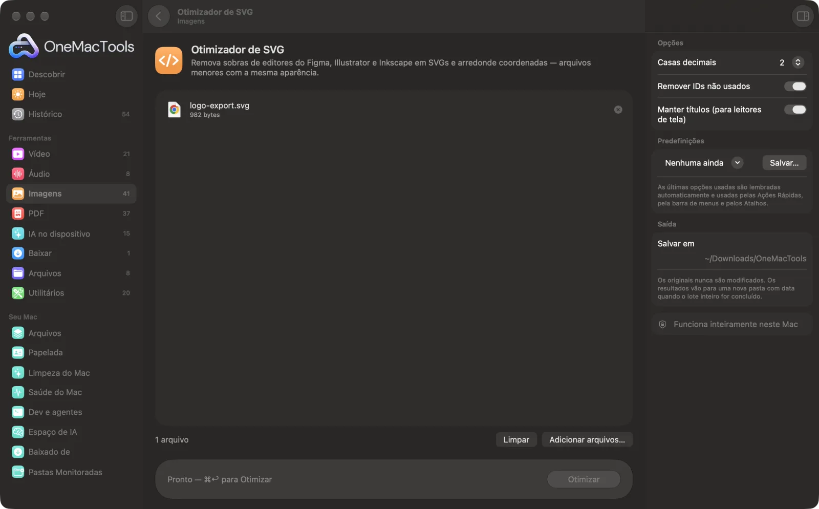 Otimizador de SVG no OneMacTools em um Mac, com arquivos de exemplo e suas opções