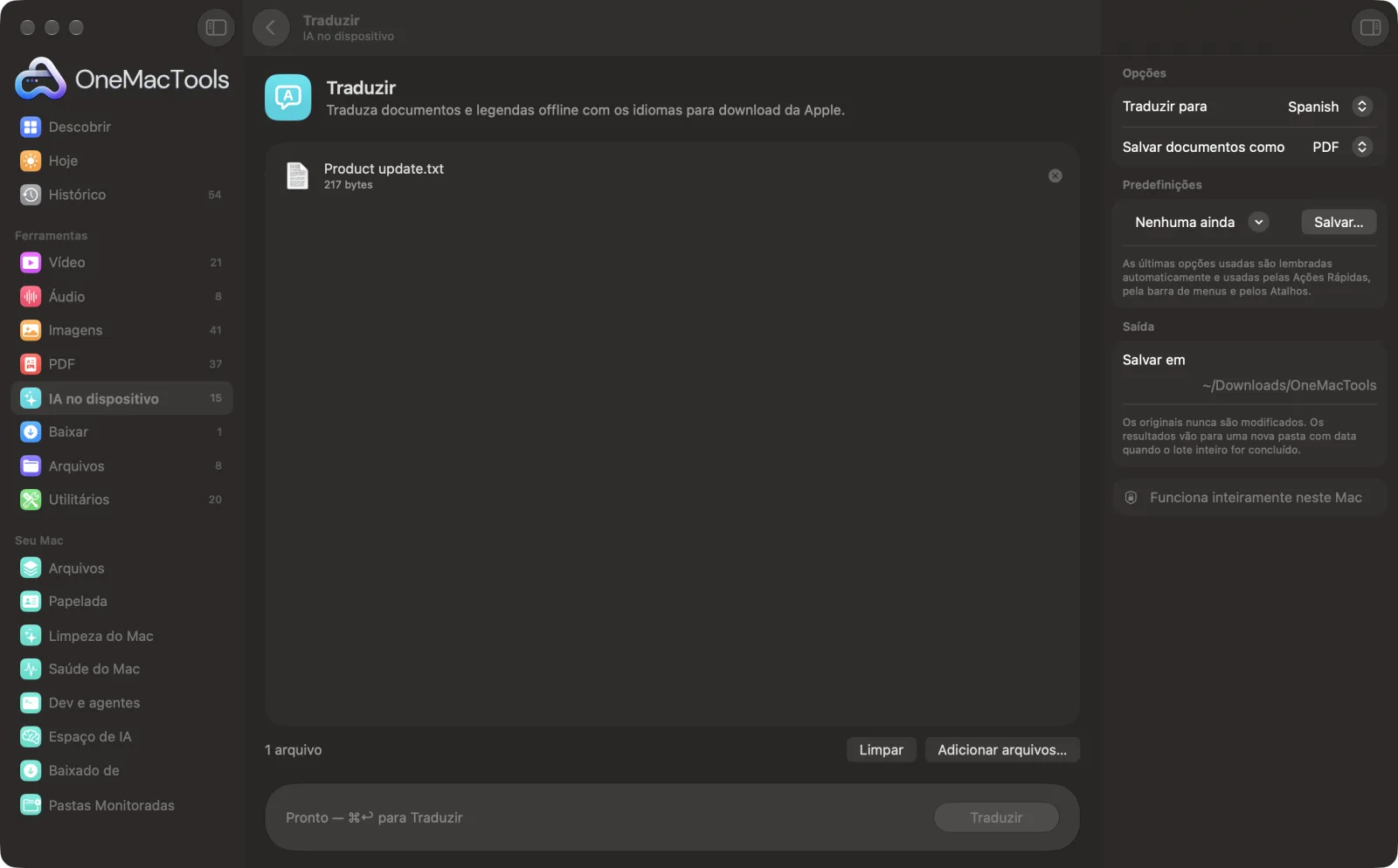 Traduzir no OneMacTools em um Mac, com arquivos de exemplo e suas opções
