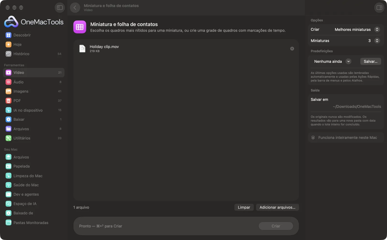Miniatura e folha de contatos no OneMacTools em um Mac, com arquivos de exemplo e suas opções