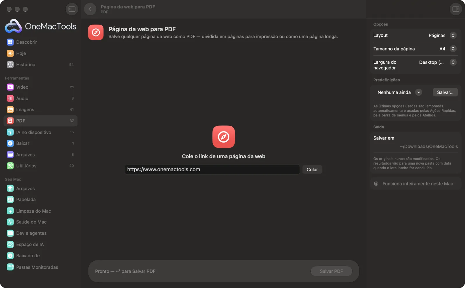 Página da web para PDF no OneMacTools em um Mac, com arquivos de exemplo e suas opções