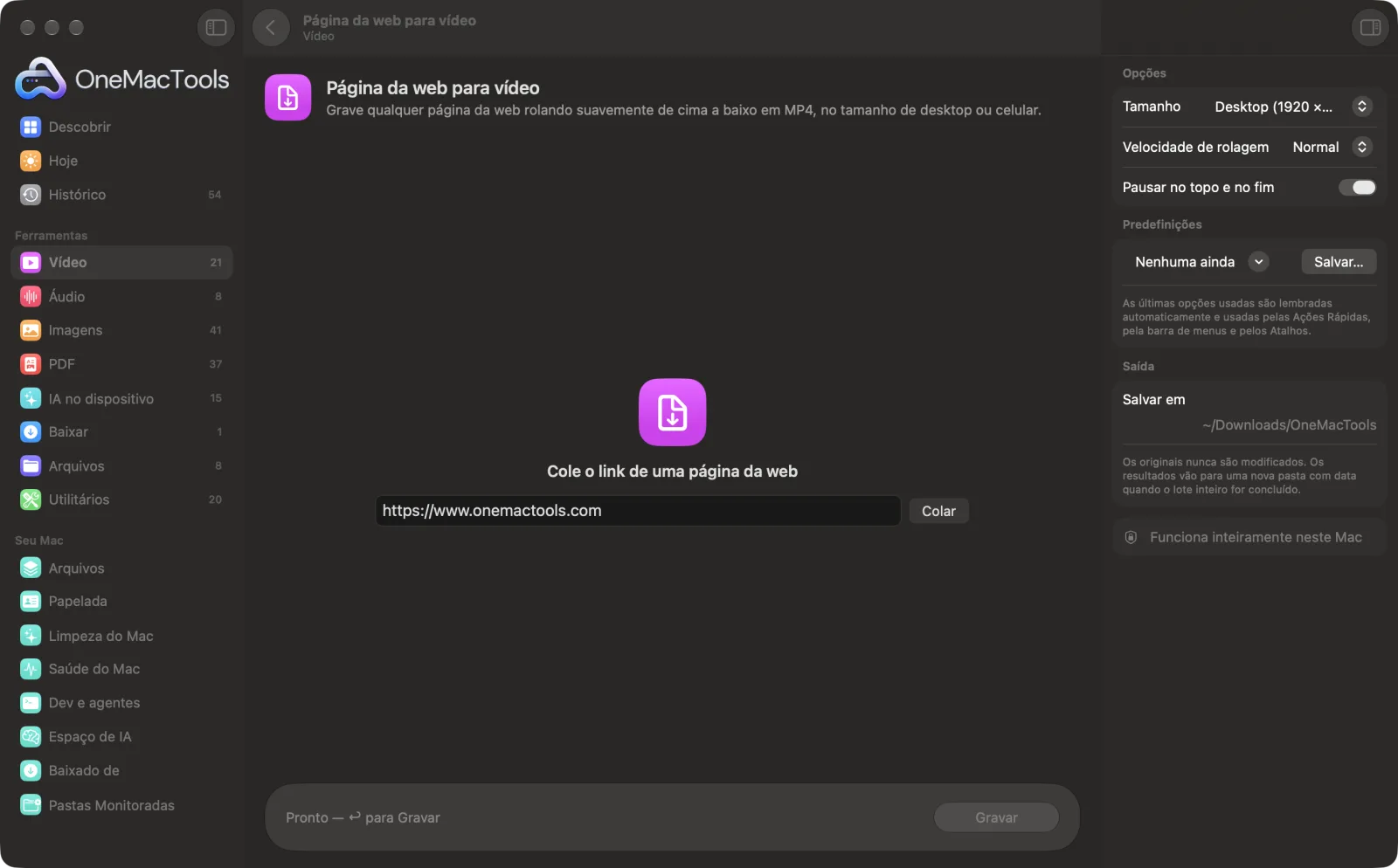 Página da web para vídeo no OneMacTools em um Mac, com arquivos de exemplo e suas opções