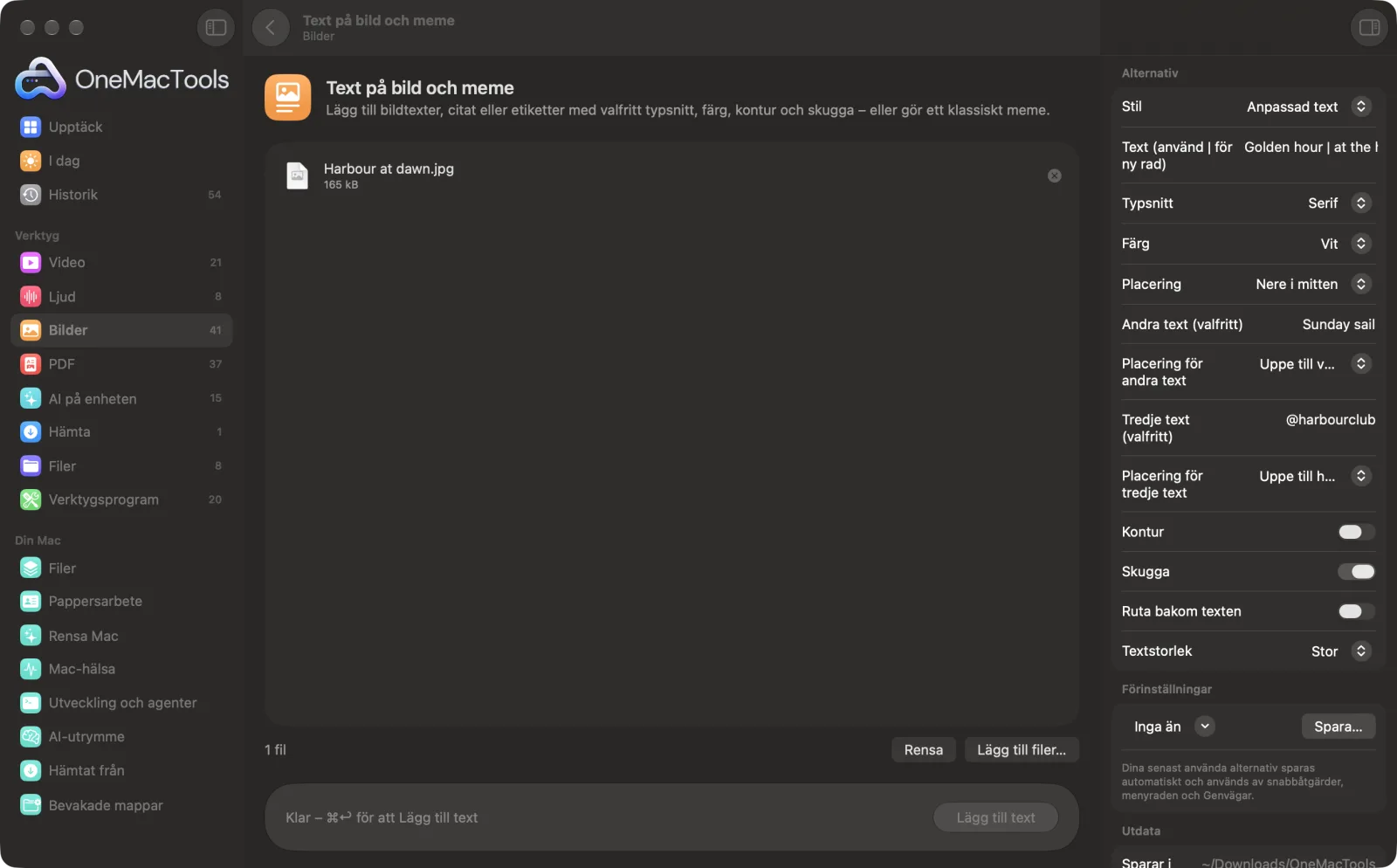 Text på bild och meme i OneMacTools med exempelfiler inlästa och alternativpanelen öppen