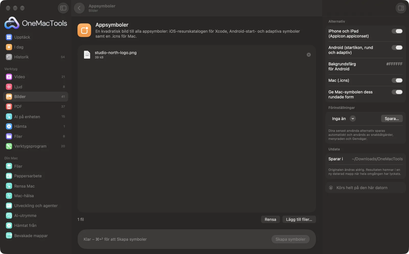 Appsymboler i OneMacTools på en Mac, med exempelfiler och alternativ