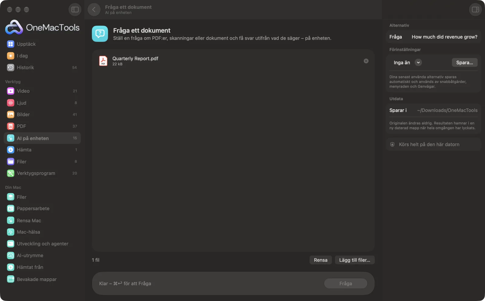 Fråga ett dokument i OneMacTools på en Mac, med exempelfiler och alternativ