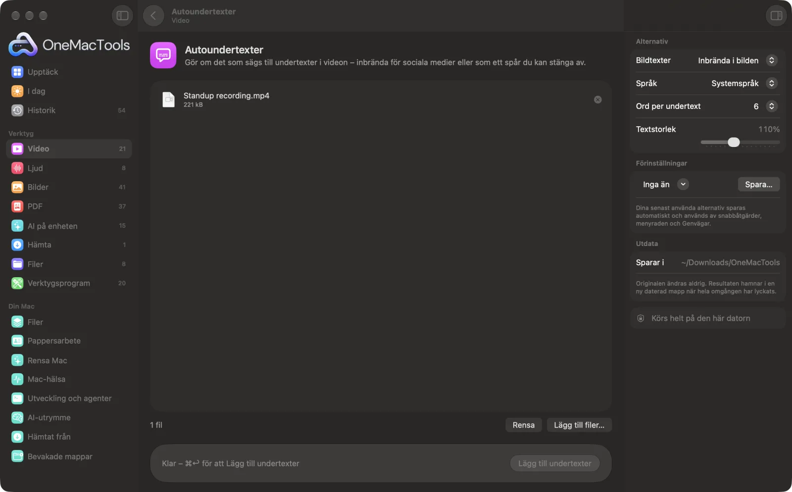 Autoundertexter i OneMacTools på en Mac, med exempelfiler och alternativ