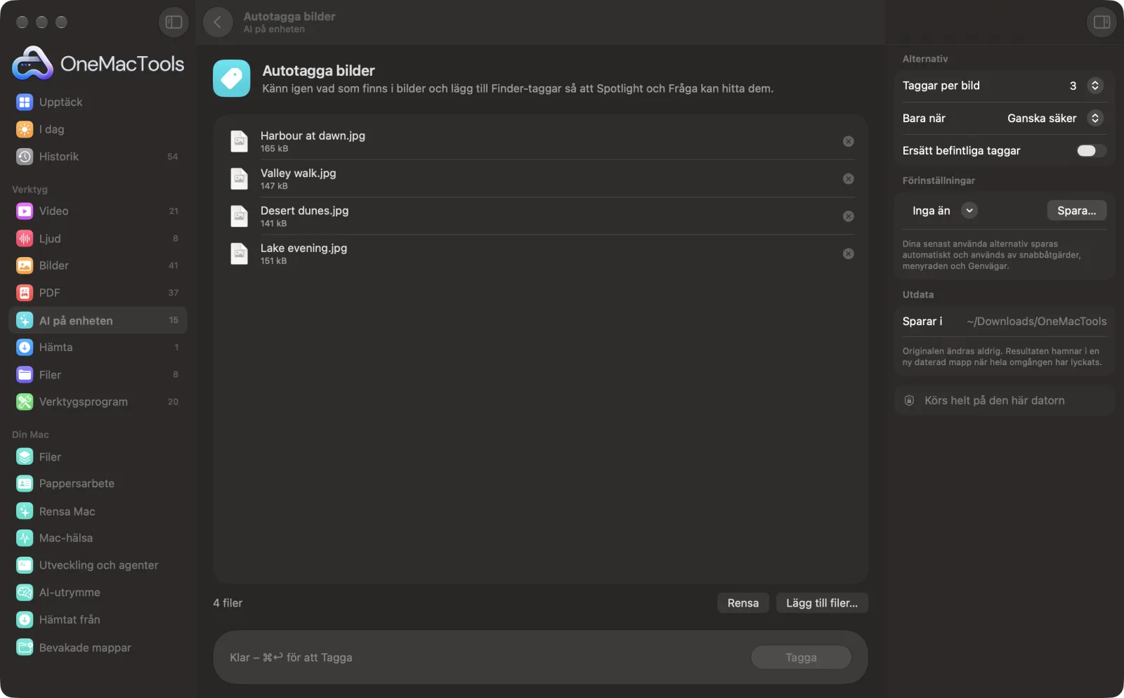 Autotagga bilder i OneMacTools på en Mac, med exempelfiler och alternativ