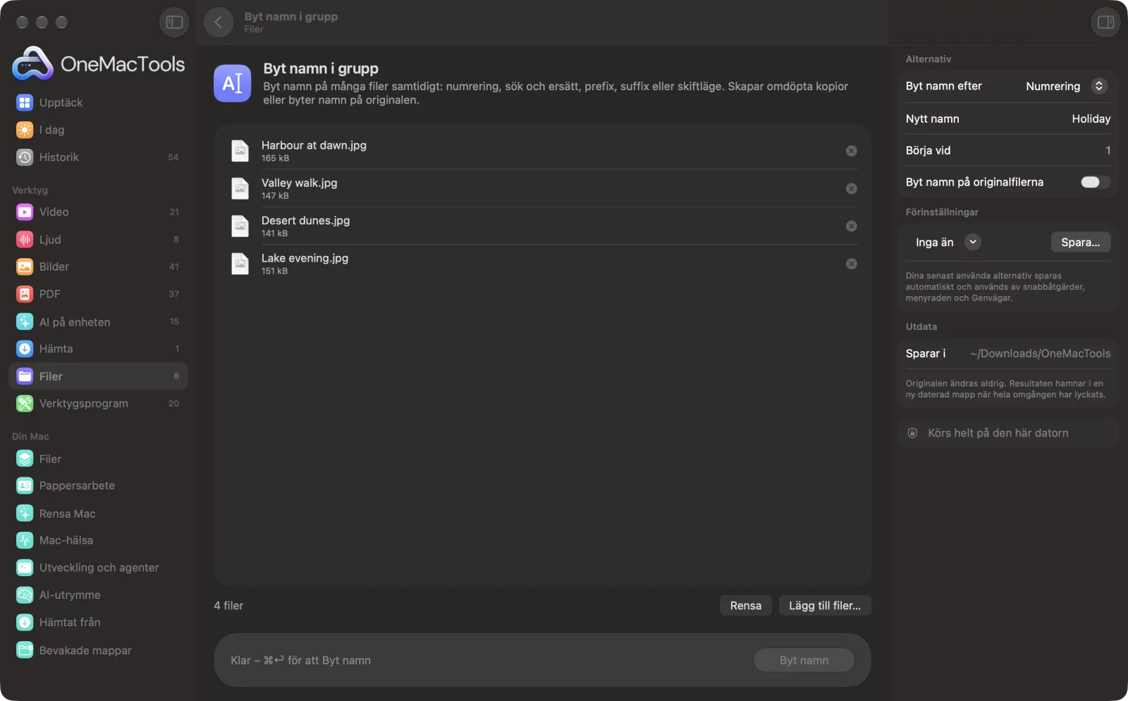 Byt namn i grupp i OneMacTools på en Mac, med exempelfiler och alternativ