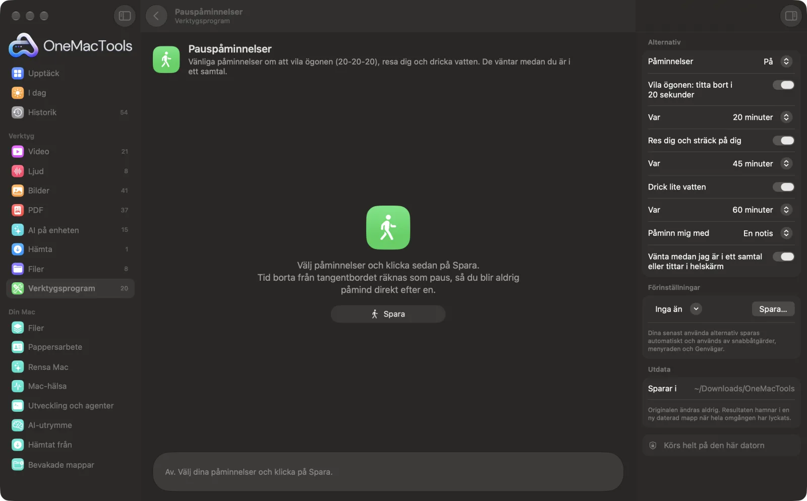 Pauspåminnelser i OneMacTools på en Mac, med exempelfiler och alternativ
