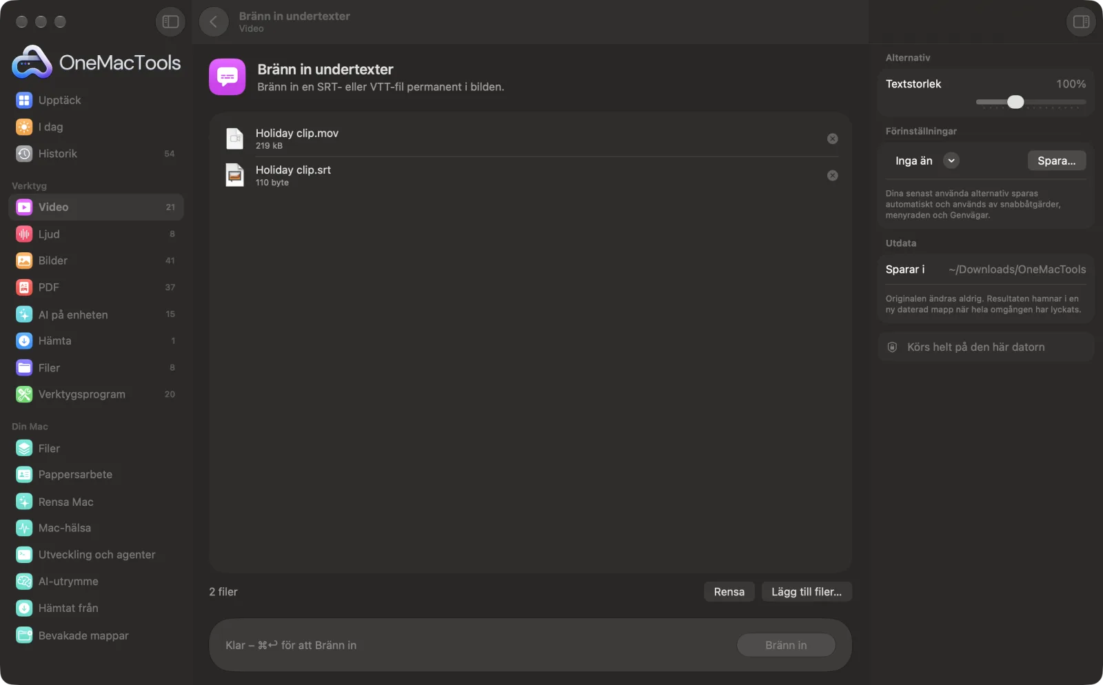 Bränn in undertexter i OneMacTools på en Mac, med exempelfiler och alternativ
