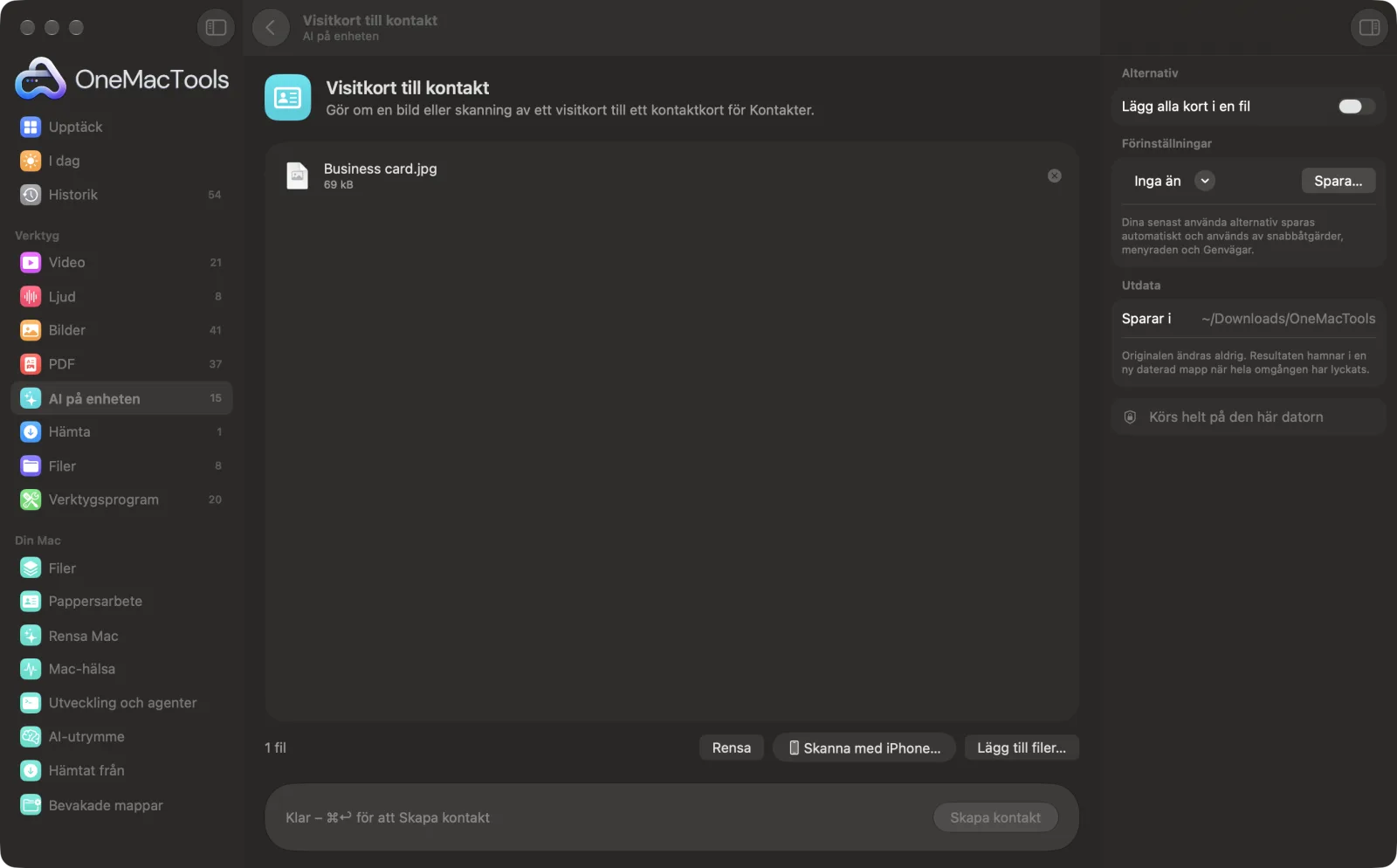 Visitkort till kontakt i OneMacTools på en Mac, med exempelfiler och alternativ