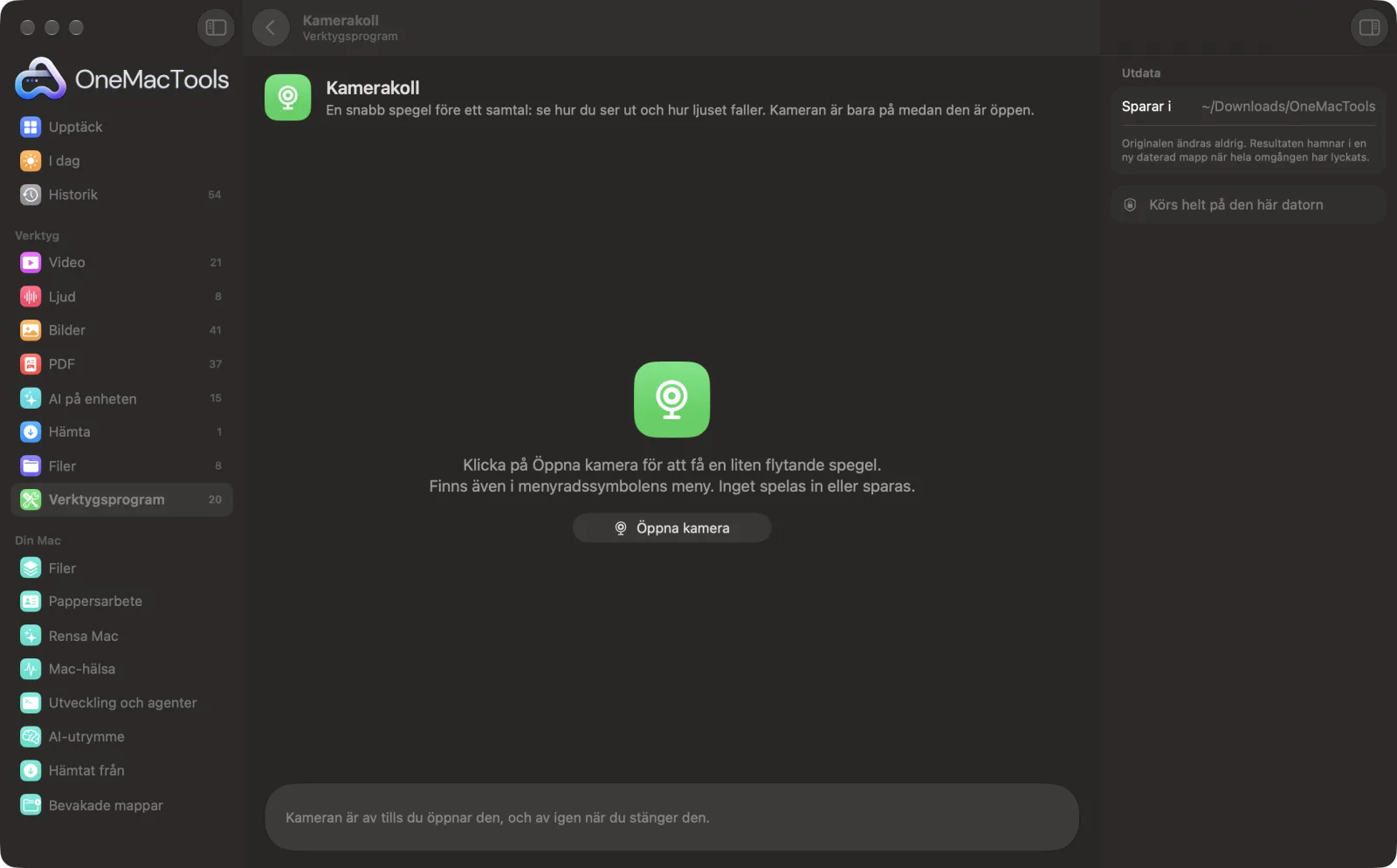 Kamerakoll i OneMacTools på en Mac, med exempelfiler och alternativ