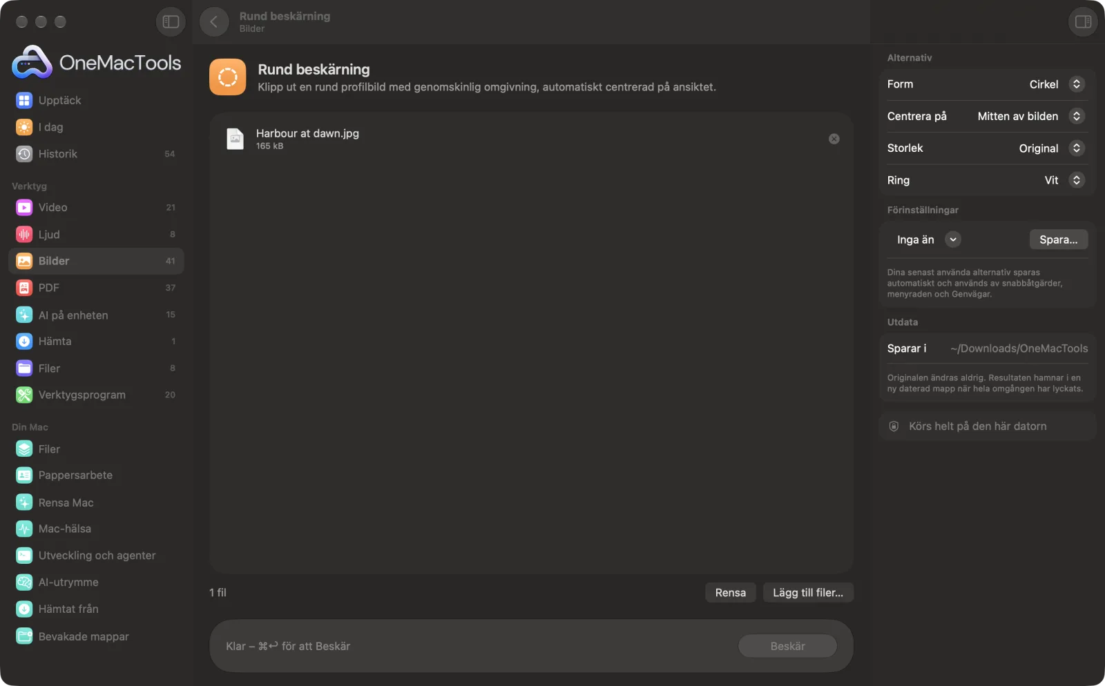 Rund beskärning i OneMacTools på en Mac, med exempelfiler och alternativ