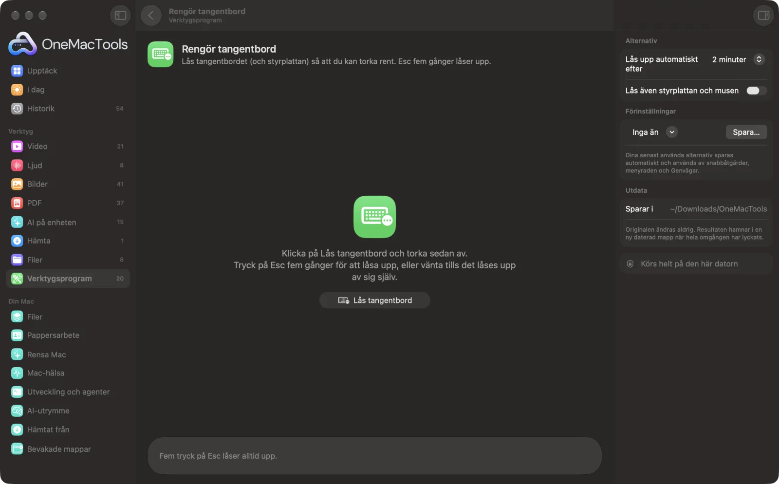 Rengör tangentbord i OneMacTools på en Mac, med exempelfiler och alternativ