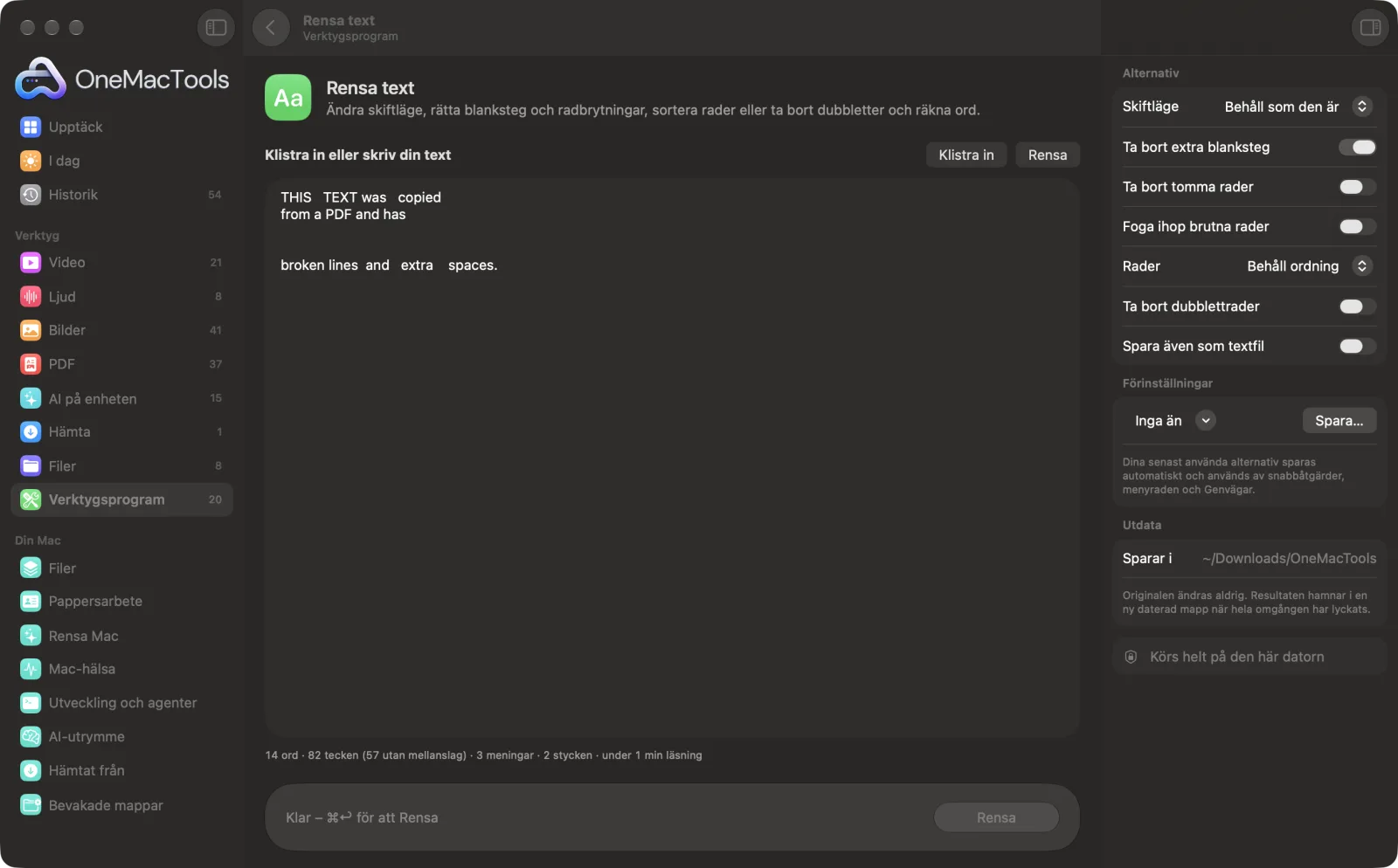 Rensa text i OneMacTools med exempelfiler inlästa och alternativpanelen öppen