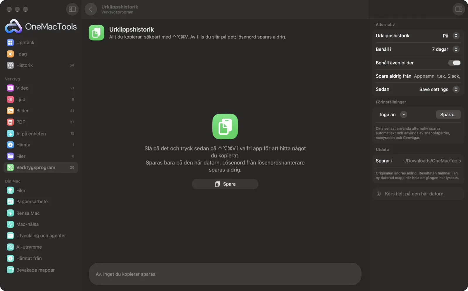 Urklippshistorik i OneMacTools på en Mac, med exempelfiler och alternativ